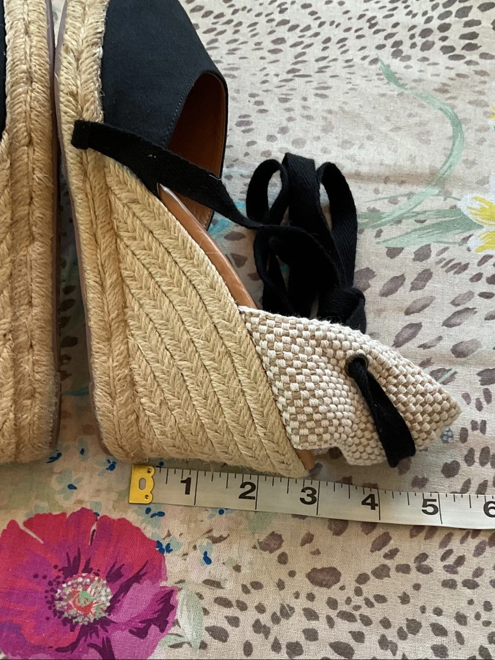 J. Crew Black Espadrille Wedges with Cream Braided Heel and Ankle Ties